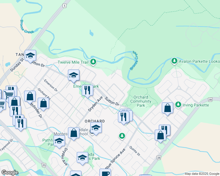 map of restaurants, bars, coffee shops, grocery stores, and more near Empire Crescent in Burlington