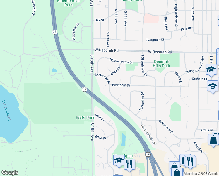 map of restaurants, bars, coffee shops, grocery stores, and more near 1516 Schloemer Drive in West Bend