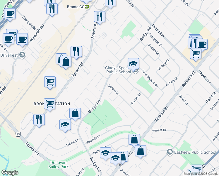 map of restaurants, bars, coffee shops, grocery stores, and more near 474 Sunset Drive in Oakville