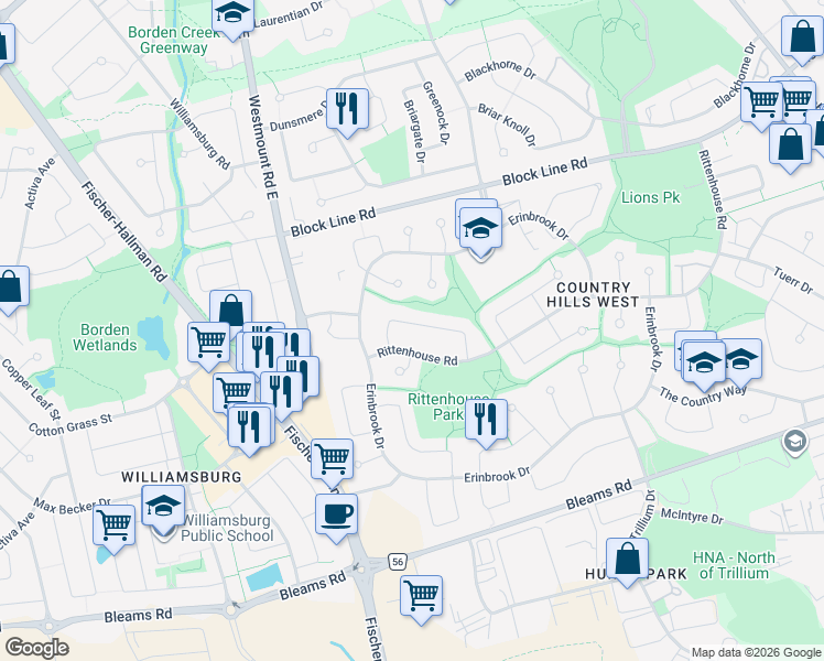map of restaurants, bars, coffee shops, grocery stores, and more near 75 Julia Crescent in Kitchener