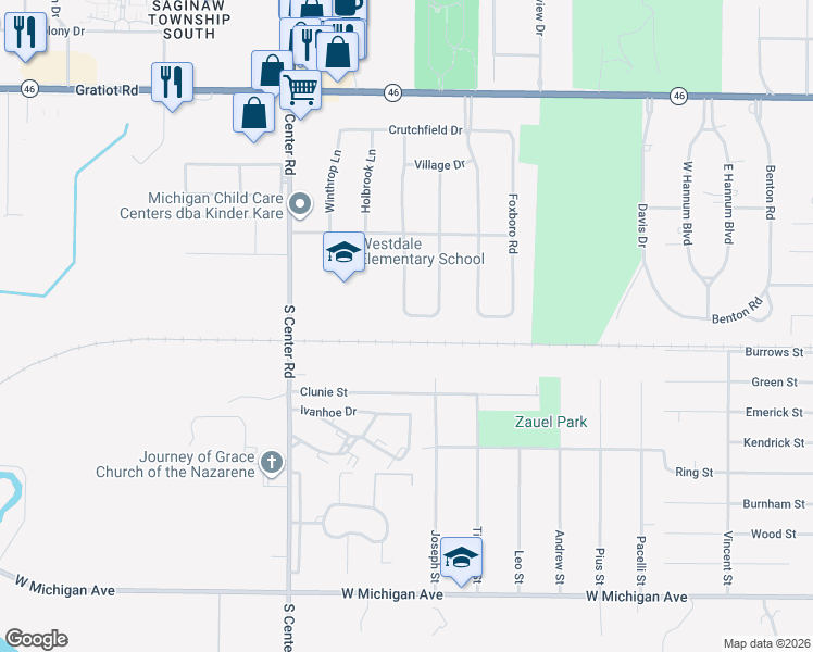 map of restaurants, bars, coffee shops, grocery stores, and more near 4757 Sudbury Drive in Saginaw