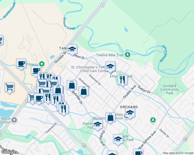 map of restaurants, bars, coffee shops, grocery stores, and more near 5384 Kindos Street in Burlington