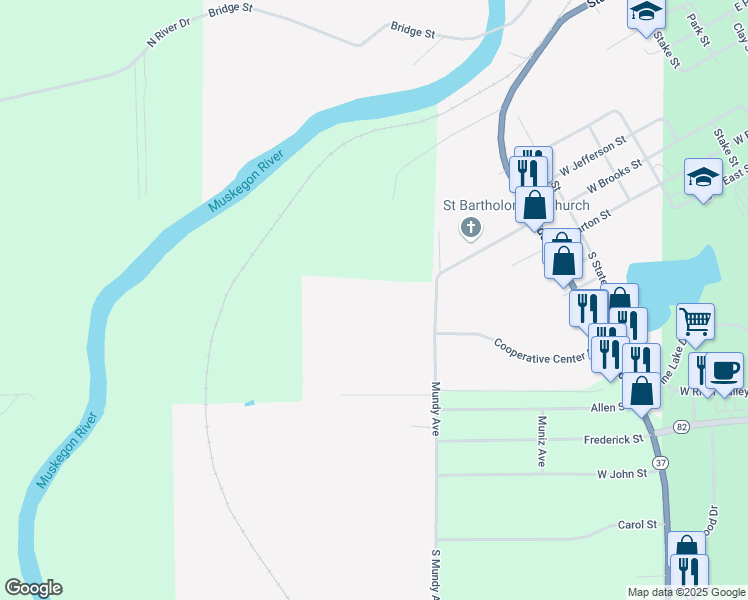 map of restaurants, bars, coffee shops, grocery stores, and more near 782 West Brooks Street in Newaygo