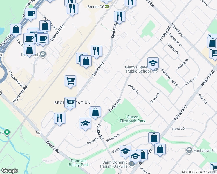 map of restaurants, bars, coffee shops, grocery stores, and more near 525 Seymour Drive in Oakville