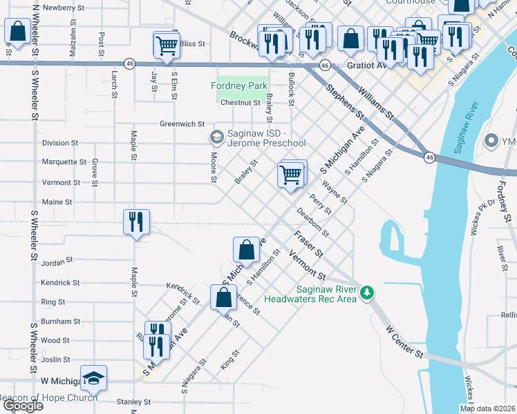 map of restaurants, bars, coffee shops, grocery stores, and more near 1609 South Fayette Street in Saginaw