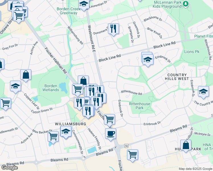 map of restaurants, bars, coffee shops, grocery stores, and more near 75 Tillsley Drive in Kitchener