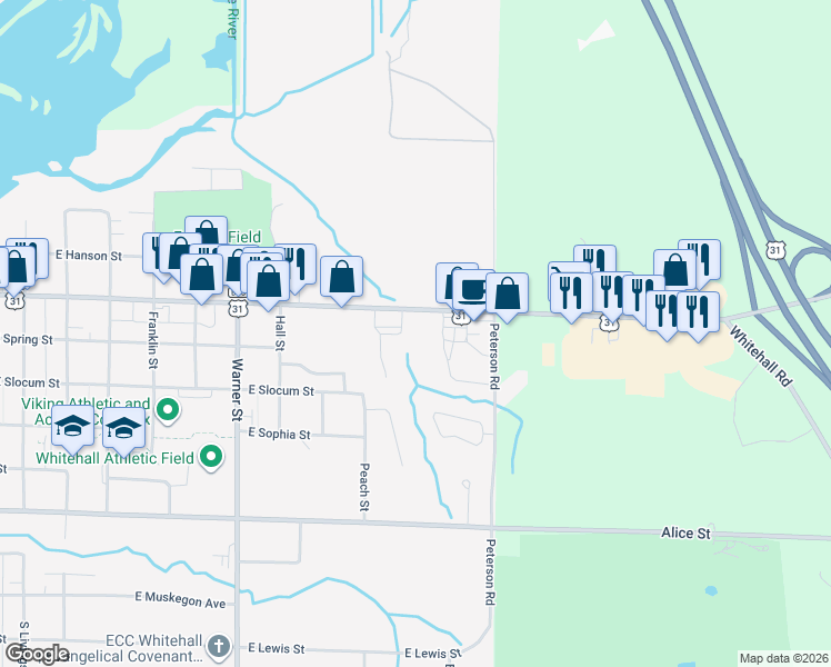 map of restaurants, bars, coffee shops, grocery stores, and more near 1201 East Colby Street in Whitehall