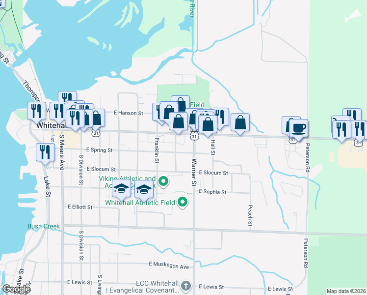 map of restaurants, bars, coffee shops, grocery stores, and more near 724 East Spring Street in Whitehall