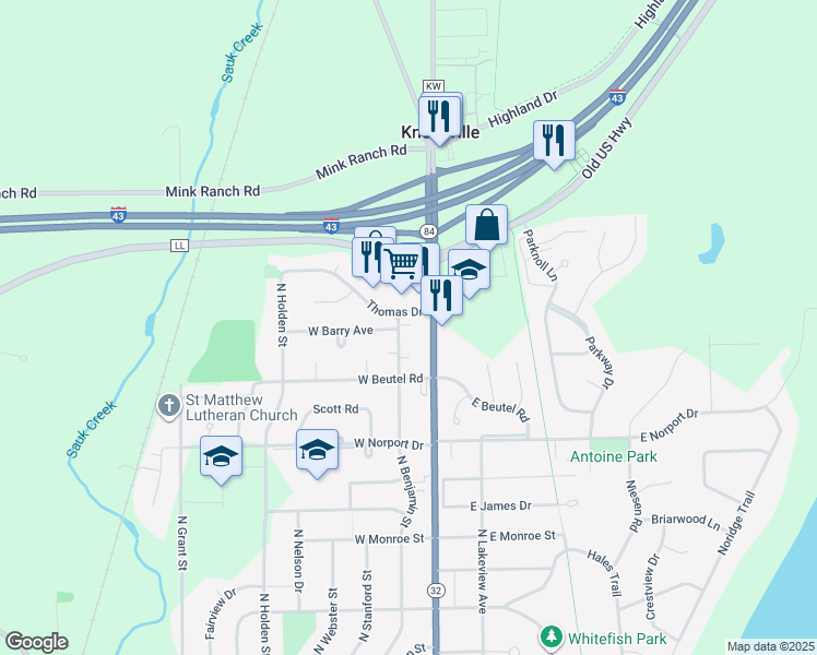 map of restaurants, bars, coffee shops, grocery stores, and more near 1653 North Wisconsin Street in Port Washington