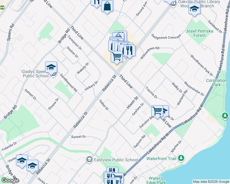 map of restaurants, bars, coffee shops, grocery stores, and more near 253 Wales Crescent in Oakville