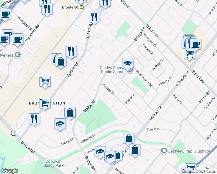 map of restaurants, bars, coffee shops, grocery stores, and more near 474 Sunset Drive in Oakville
