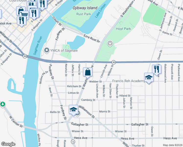 map of restaurants, bars, coffee shops, grocery stores, and more near 716 Birch Street in Saginaw