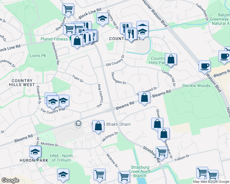 map of restaurants, bars, coffee shops, grocery stores, and more near 939 Strasburg Road in Kitchener