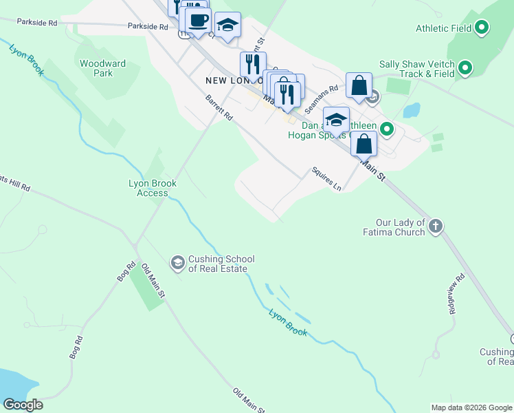 map of restaurants, bars, coffee shops, grocery stores, and more near 49 Balsam Acres in New London