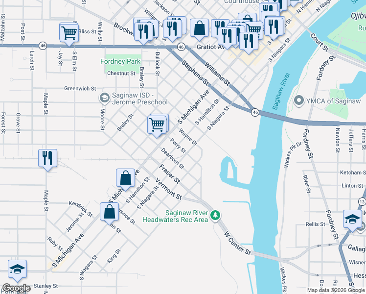 map of restaurants, bars, coffee shops, grocery stores, and more near 310 Perry Street in Saginaw