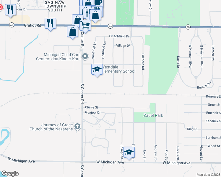 map of restaurants, bars, coffee shops, grocery stores, and more near 4757 Sudbury Drive in Saginaw