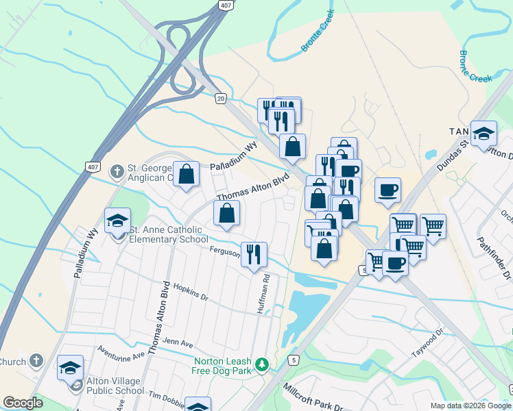 map of restaurants, bars, coffee shops, grocery stores, and more near 4861 Verdi Street in Burlington