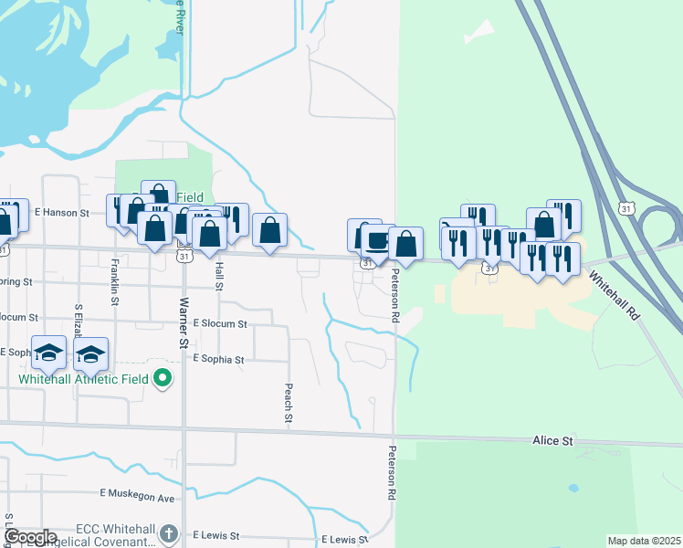 map of restaurants, bars, coffee shops, grocery stores, and more near 1223 East Colby Street in Whitehall