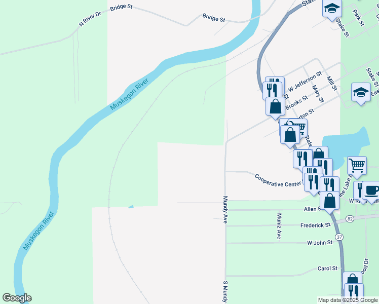 map of restaurants, bars, coffee shops, grocery stores, and more near 782 West Brooks Street in Newaygo