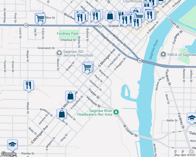 map of restaurants, bars, coffee shops, grocery stores, and more near 1400 South Hamilton Street in Saginaw