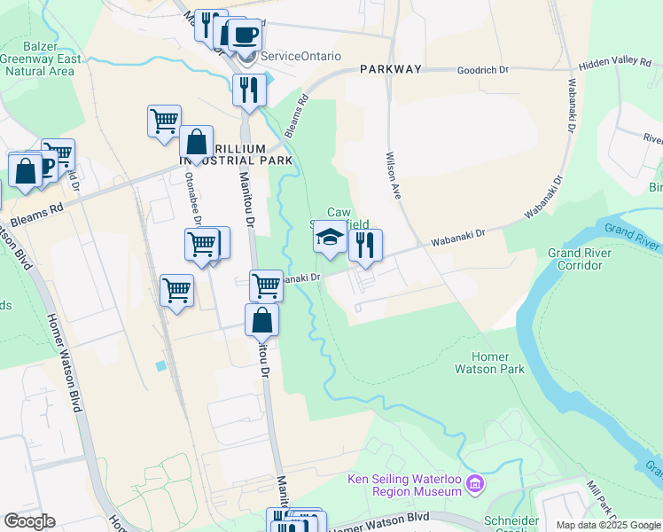 map of restaurants, bars, coffee shops, grocery stores, and more near 610 Wabanaki Drive in Kitchener