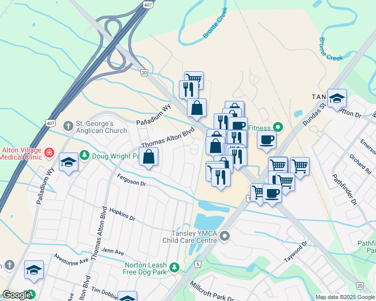 map of restaurants, bars, coffee shops, grocery stores, and more near in Burlington