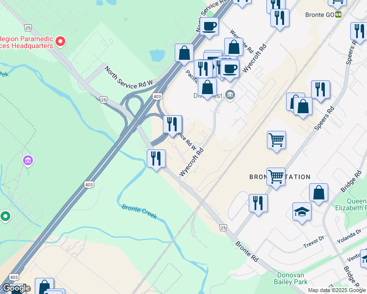 map of restaurants, bars, coffee shops, grocery stores, and more near 2515 Wyecroft Road in Oakville