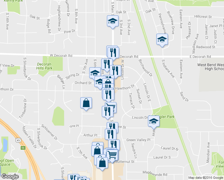 map of restaurants, bars, coffee shops, grocery stores, and more near 910 South Main Street in West Bend