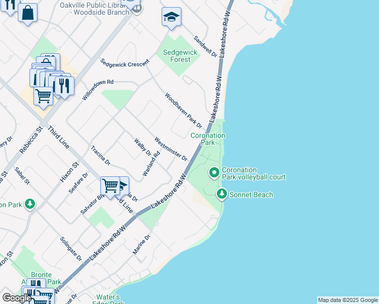 map of restaurants, bars, coffee shops, grocery stores, and more near 1457 Lakeshore Road West in Oakville