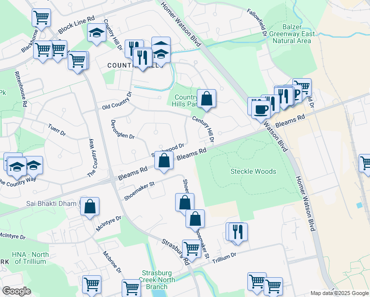 map of restaurants, bars, coffee shops, grocery stores, and more near 215 Southwood Drive in Kitchener