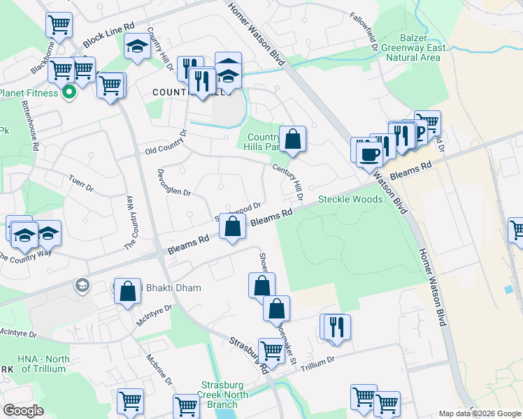 map of restaurants, bars, coffee shops, grocery stores, and more near 215 Southwood Drive in Kitchener