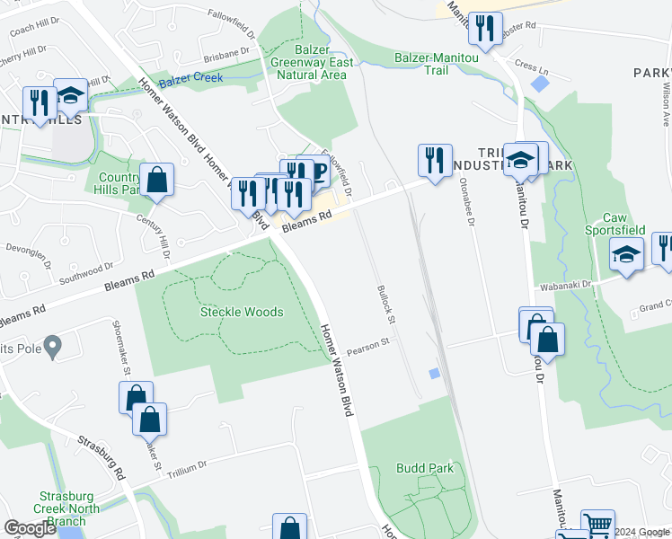 map of restaurants, bars, coffee shops, grocery stores, and more near 120 Bullock Street in Kitchener