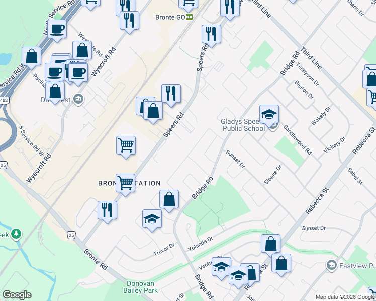 map of restaurants, bars, coffee shops, grocery stores, and more near 525 Seymour Drive in Oakville
