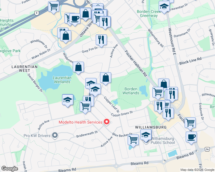 map of restaurants, bars, coffee shops, grocery stores, and more near 28 Wisteria Court in Kitchener