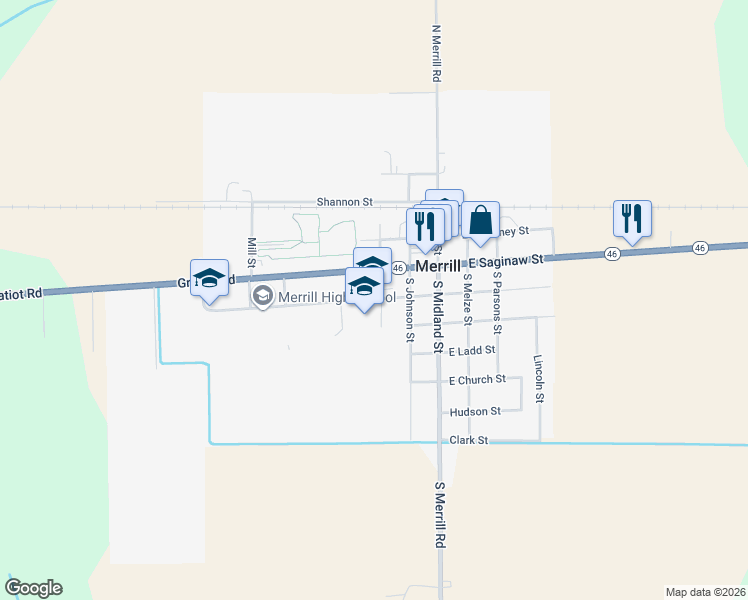 map of restaurants, bars, coffee shops, grocery stores, and more near 325 West Alice Street in Merrill