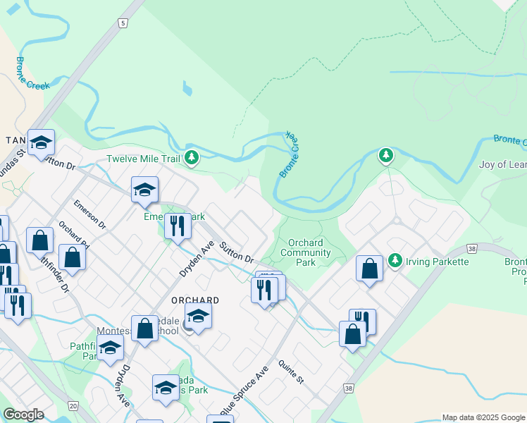 map of restaurants, bars, coffee shops, grocery stores, and more near 5517 Twelve Mile Trail in Burlington