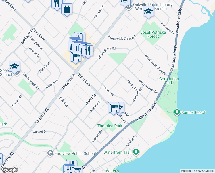 map of restaurants, bars, coffee shops, grocery stores, and more near 195 Tracina Drive in Oakville