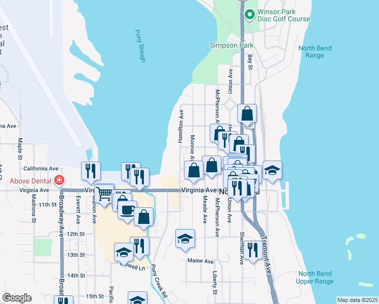 map of restaurants, bars, coffee shops, grocery stores, and more near 1810 Monroe Street in North Bend