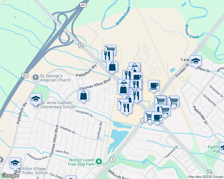 map of restaurants, bars, coffee shops, grocery stores, and more near 3189 Bastedo Common in Burlington