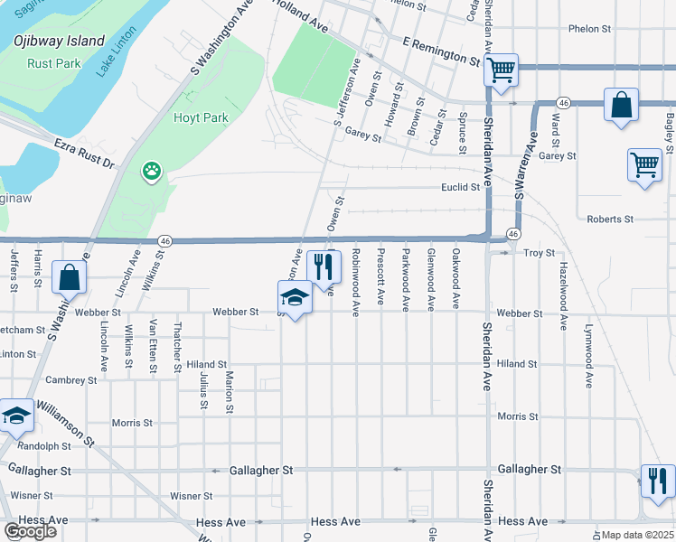 map of restaurants, bars, coffee shops, grocery stores, and more near 2006 Lowell Avenue in Saginaw