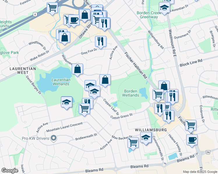 map of restaurants, bars, coffee shops, grocery stores, and more near 110 Activa Avenue in Kitchener