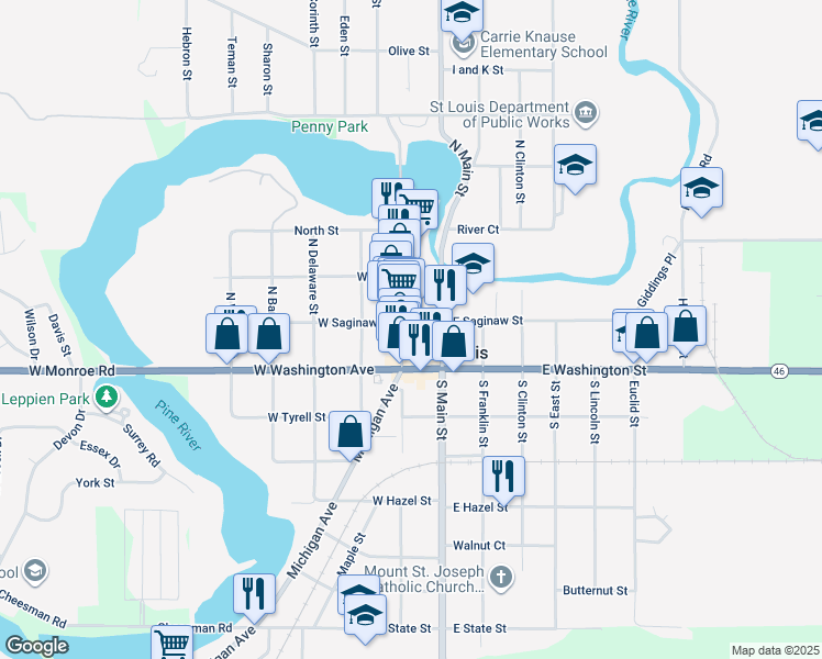 map of restaurants, bars, coffee shops, grocery stores, and more near 115 North Mill Street in St. Louis