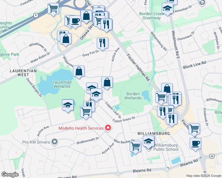 map of restaurants, bars, coffee shops, grocery stores, and more near 110 Activa Avenue in Kitchener