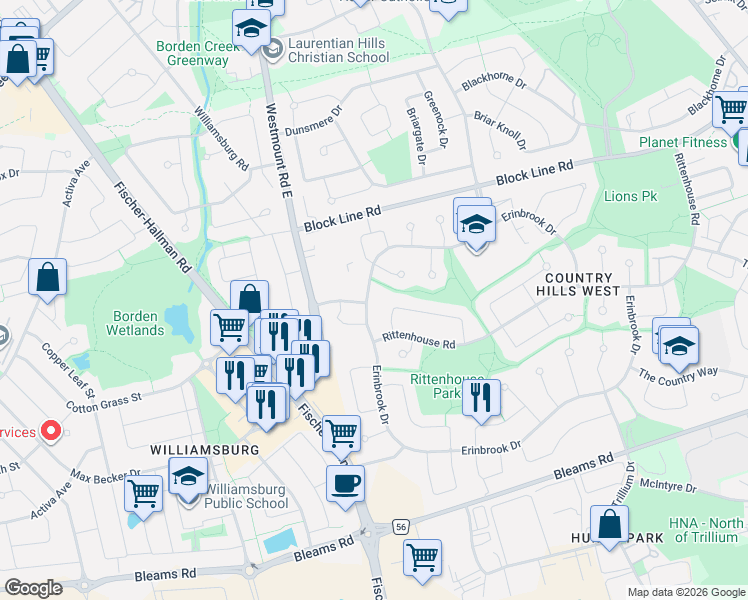 map of restaurants, bars, coffee shops, grocery stores, and more near 562 Erinbrook Drive in Kitchener