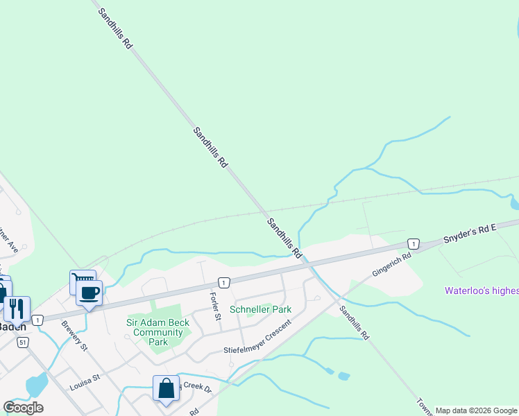 map of restaurants, bars, coffee shops, grocery stores, and more near 3052 Sandhills Road in Baden