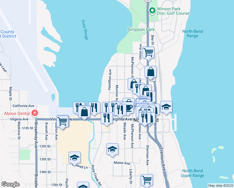 map of restaurants, bars, coffee shops, grocery stores, and more near 1810 Monroe Street in North Bend