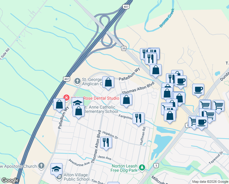 map of restaurants, bars, coffee shops, grocery stores, and more near 4744 Simpson Drive in Burlington
