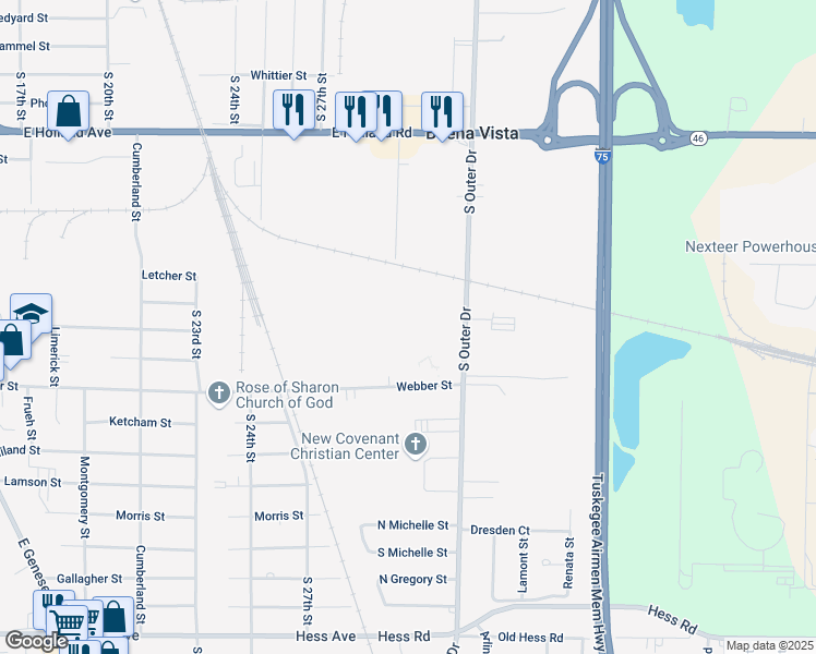 map of restaurants, bars, coffee shops, grocery stores, and more near 1925 South Outer Drive in Saginaw