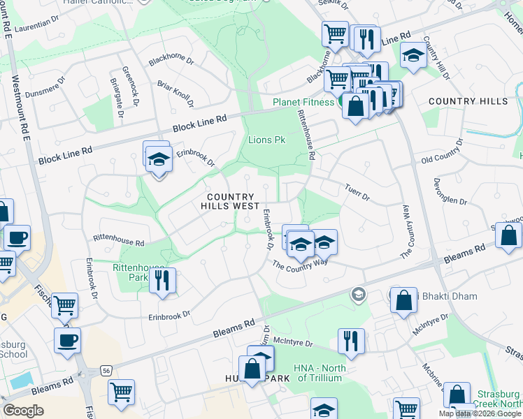map of restaurants, bars, coffee shops, grocery stores, and more near 27 Erinbrook Drive in Kitchener