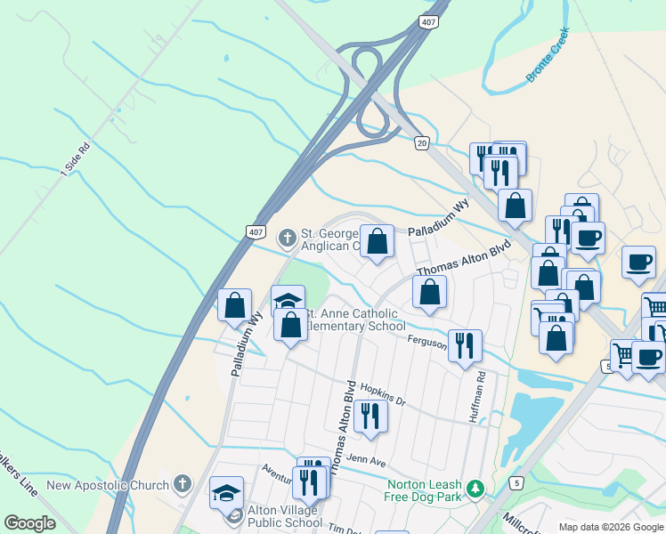 map of restaurants, bars, coffee shops, grocery stores, and more near 3342 Cline Street in Burlington